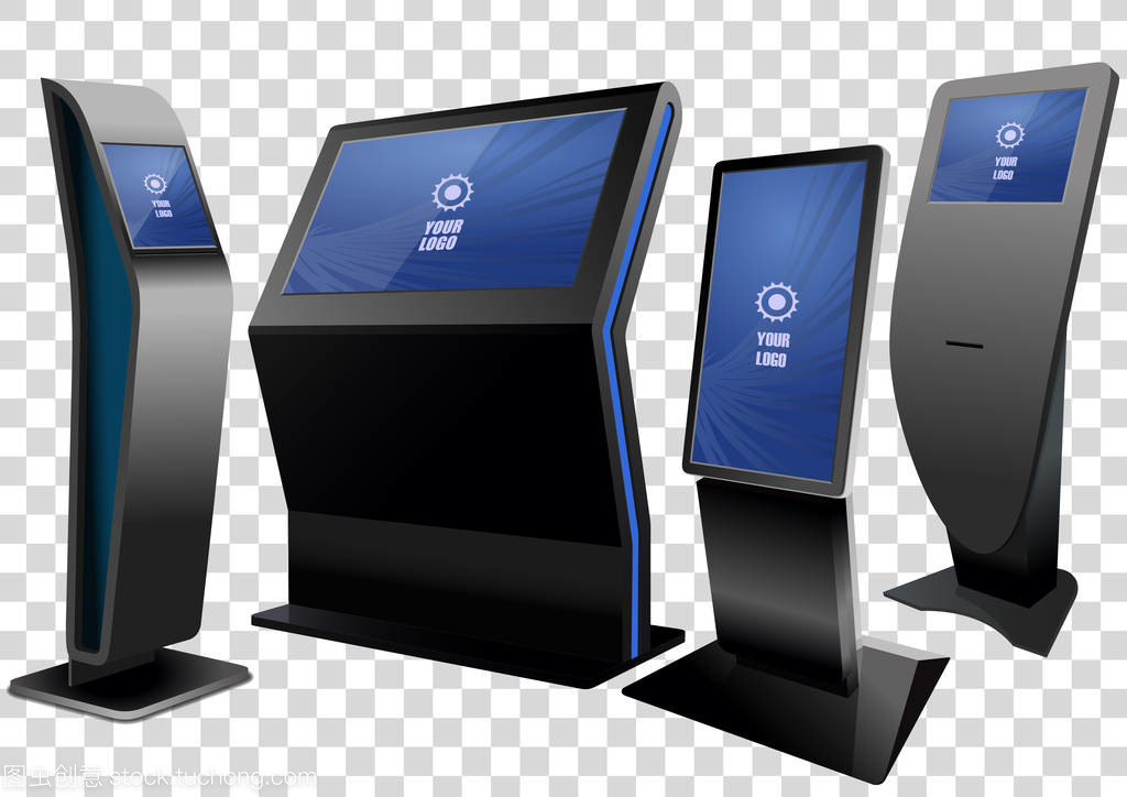 四宣傳互動信息亭, 廣告展示, 終端展臺, 觸摸屏顯示屏在透明背景下隔離。模擬模板